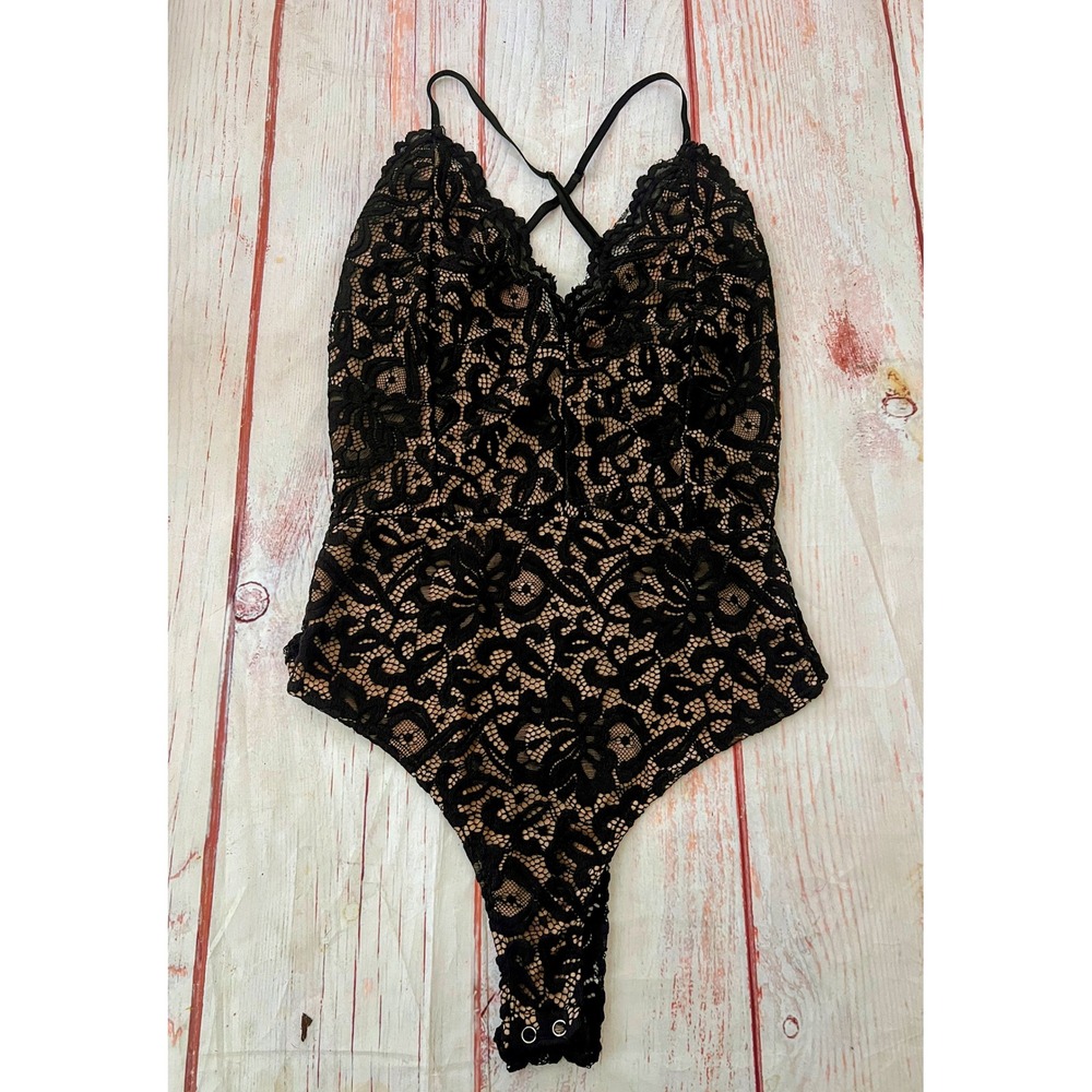 Windsor Black Lace Bodysuit V-Neck Sheer Back Thong Snap Closure Small MT1373WD